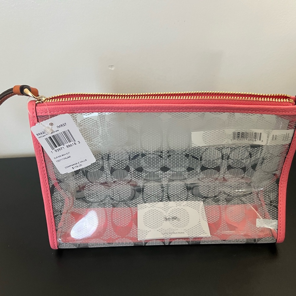 Coach Clear Signature Cosmetic Pouch with Pink Trim